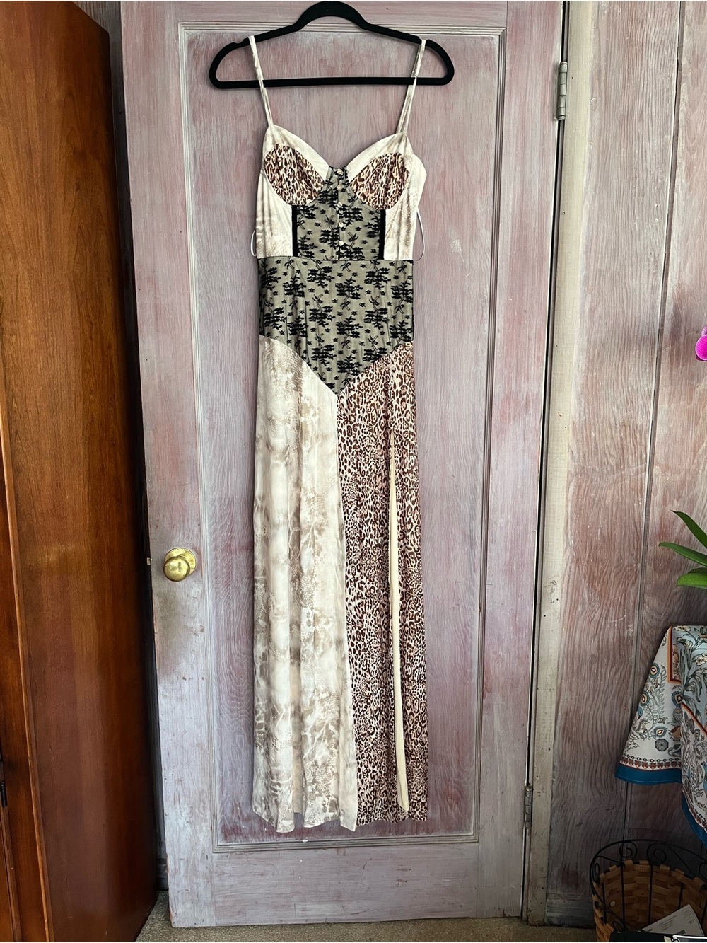 Mixed-Print Satin Slip Dress in Cream and Brown M